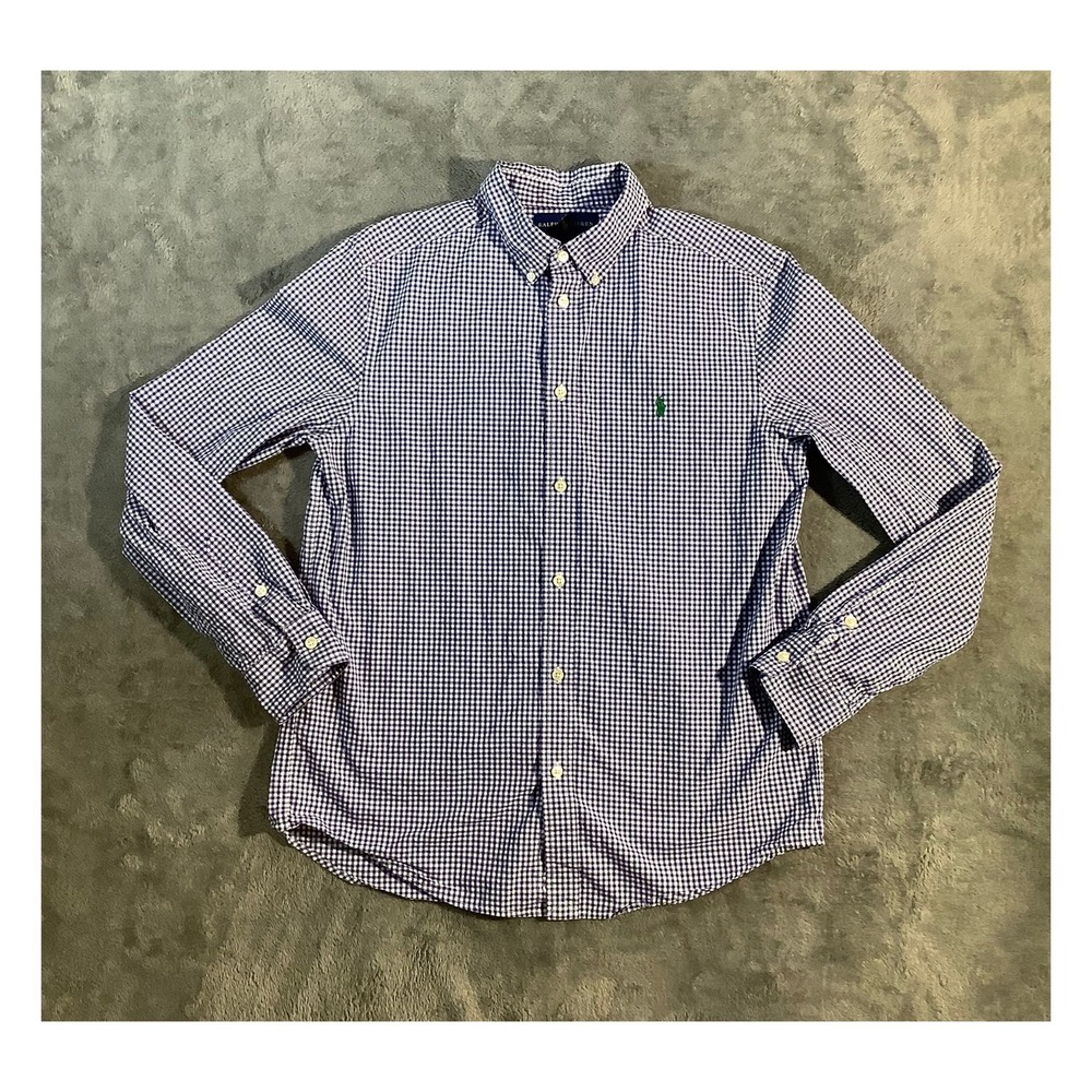 Ralph Lauren Boys Gingham Button Down Shirt Navy Blue XL
